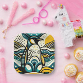 マスタードイエローティール（緑がかった色）ブルーペンギン抽象芸術波 ペーパープレート (パーティー)