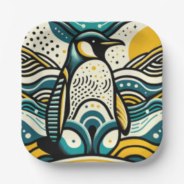 マスタードイエローティール（緑がかった色）ブルーペンギン抽象芸術波 ペーパープレート