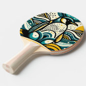 マスタードイエローティール（緑がかった色）ブルーペンギン抽象芸術波 卓球ラケット (正面アングル)