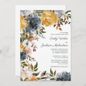 マスタードイエローネイビーブルーウォーターフローラ結婚ズ 招待状 (正面/裏面)