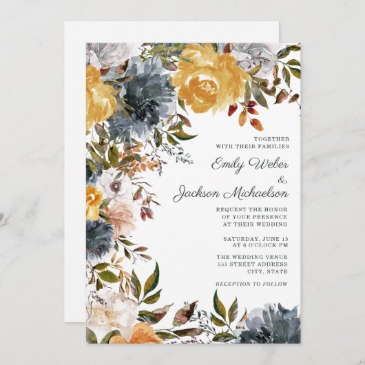 マスタードイエローネイビーブルーウォーターフローラ結婚ズ 招待状 (正面/裏面)