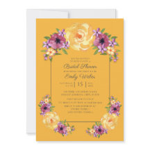 マスタードイエローパープルフローラブライダルシャワー招待状