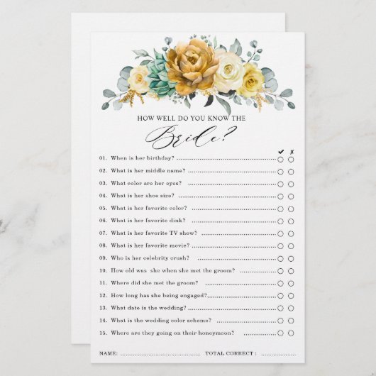 マスタードイエローフローラセージブライダルシャワーゲーム (正面/裏面)