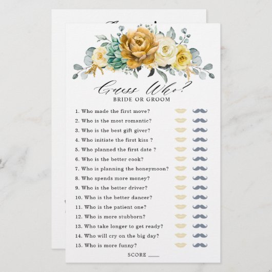 マスタードイエローフローラセージブライダルシャワーゲーム (正面/裏面)