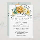 マスタードイエローフローラセージモダングリーン結婚リーズ 招待状 (正面/裏面)