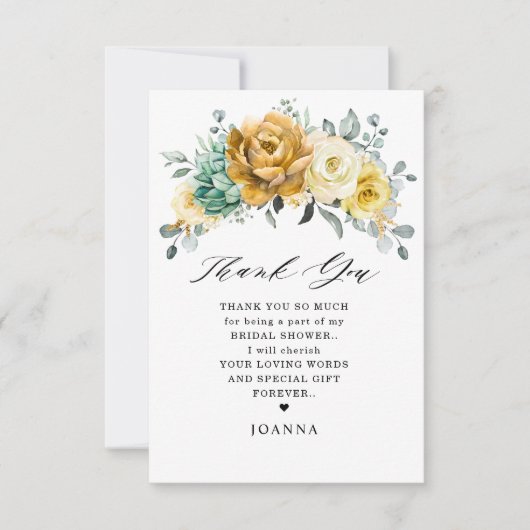 マスタードイエローフローラセージ緑ブライダルシャワー サンキューカード (正面)
