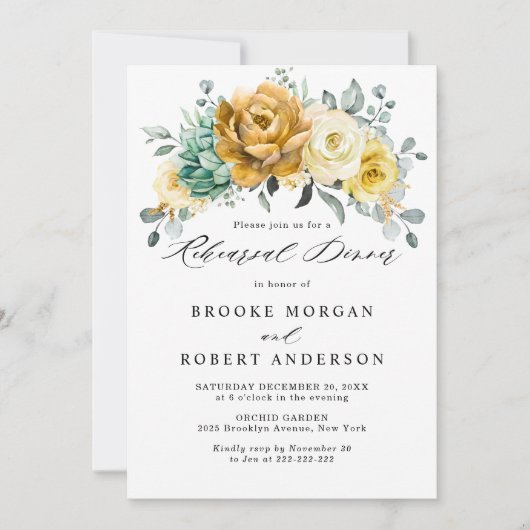 マスタードイエローフローラセージ緑リハーサルディナー 招待状 (正面)