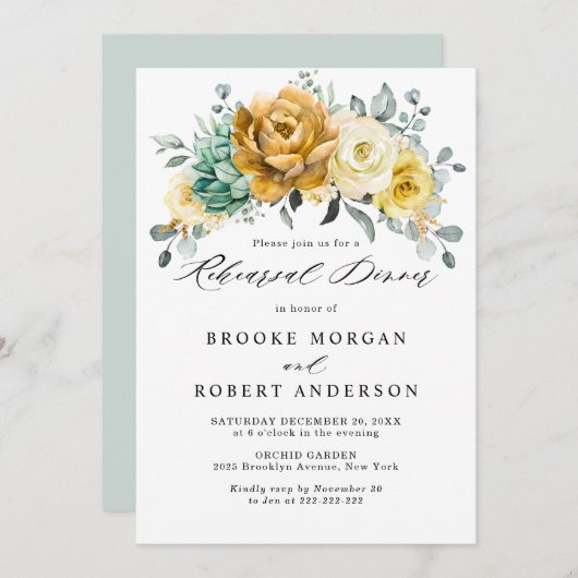 マスタードイエローフローラセージ緑リハーサルディナー 招待状 (正面/裏面)