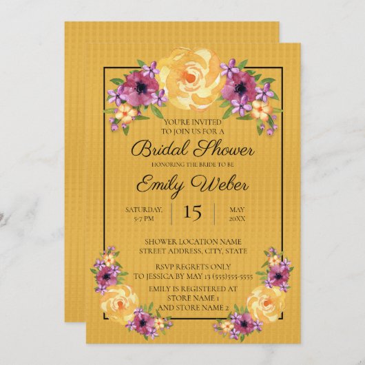 マスタードイエローフローラブライダルシャワー招待状 招待状 (正面/裏面)