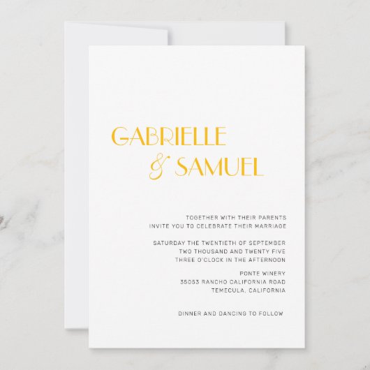 マスタードイエローモダンミニマル結婚式招待状 (正面)