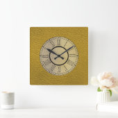 マスタードイエローレザー(金ゴールドとローマ数字を使用) スクエア壁時計 (ホーム)