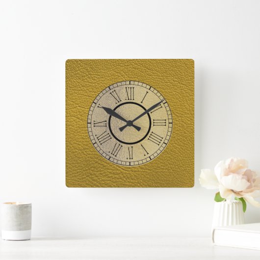 マスタードイエローレザー(金ゴールドとローマ数字を使用) スクエア壁時計 (ホーム)