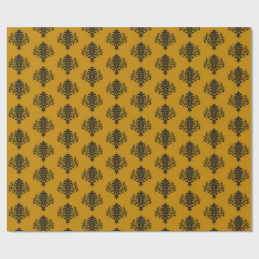 マスタードイエロー模様のブラックダマスク ラッピングペーパー (フラット)