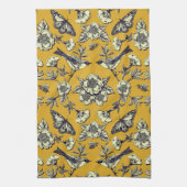 マスタードイエロー&ネイビー鳥、蝶と花 キッチンタオル (縦)