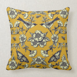 マスタードイエロー&ネイビー鳥、蝶と花 クッション