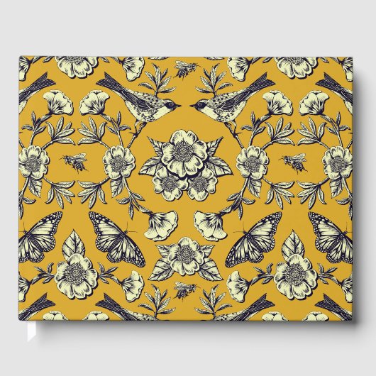 マスタードイエロー&ネイビー鳥、蝶と花 ゲストブック (正面)