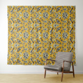 マスタードイエロー&ネイビー鳥、蝶と花 タペストリー (インサイチュ(横))