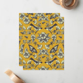 マスタードイエロー&ネイビー鳥、蝶と花 ノートカード (正面/裏面インサイチュ)