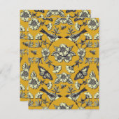 マスタードイエロー&ネイビー鳥、蝶と花 ノートカード (正面/裏面)