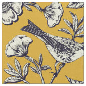 マスタードイエロー&ネイビー鳥、蝶と花 ファブリック (クローズアップ)