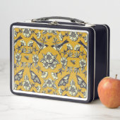 マスタードイエロー&ネイビー鳥、蝶と花 メタルランチボックス (インサイチュ)