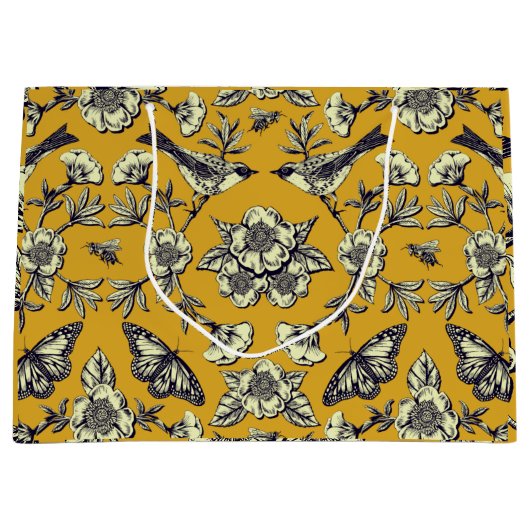 マスタードイエロー&ネイビー鳥、蝶と花 ラージペーパーバッグ (正面)