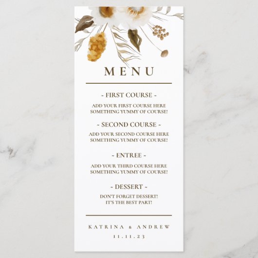 マスタードウォーター色のフローラ結婚のディナーメニュー メニュー (正面)