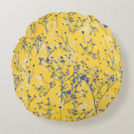 マスタードエレガントイエローにワイルドフラワー ラウンドクッション
