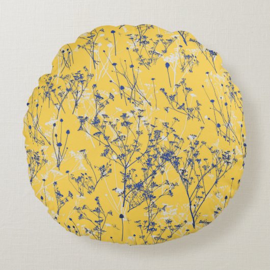 マスタードエレガントイエローにワイルドフラワー ラウンドクッション (正面)