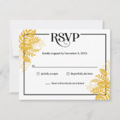 マスタードエレガントイエロ葉ー、ブラック&ホワイトRSVP 出欠カード (正面)