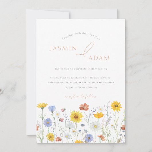 マスタードエレガントワイルドフラワーモノグラム結婚ズ 招待状 (正面)