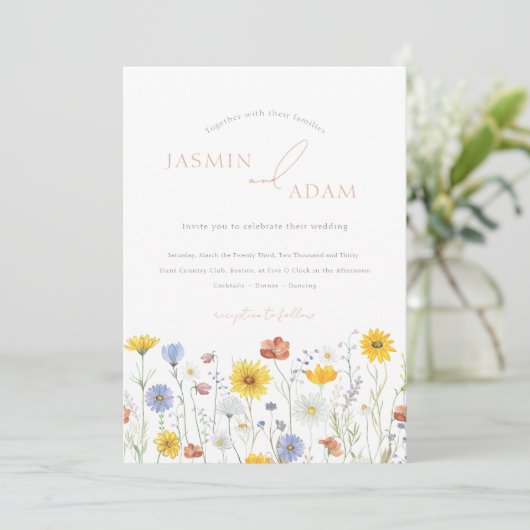 マスタードエレガントワイルドフラワーモノグラム結婚ズ 招待状 (スタンド正面)