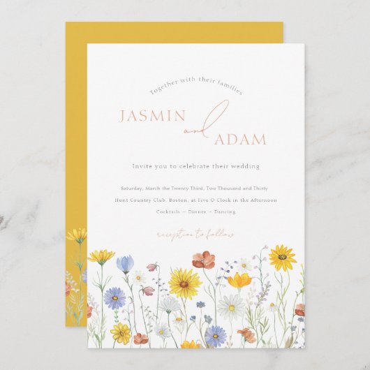マスタードエレガントワイルドフラワーモノグラム結婚ズ 招待状 (正面/裏面)