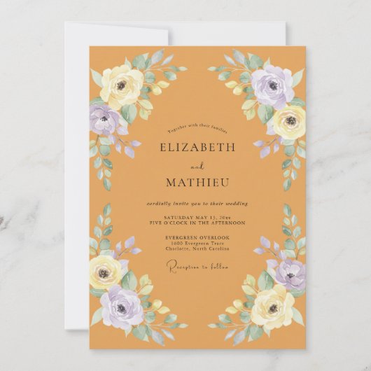 マスタードカラーの淡いライラックの芍薬の結婚式 招待状 (正面)