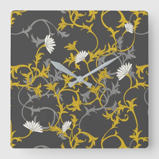 マスタードグレーフローラ スクエア壁時計 (正面)