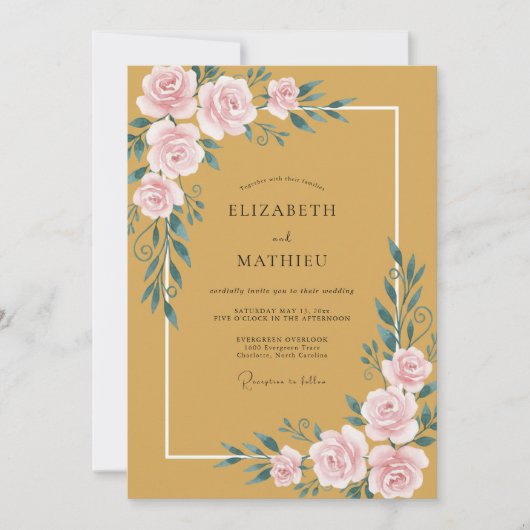 マスタードゴールドの芍薬の結婚式 招待状 (正面)