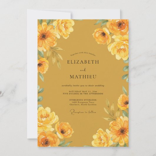 マスタードゴールドの芍薬の結婚式 招待状 (正面)