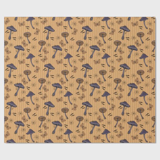 マスタードストライプのハロウィーンキノコと蝶 ラッピングペーパー (フラット)