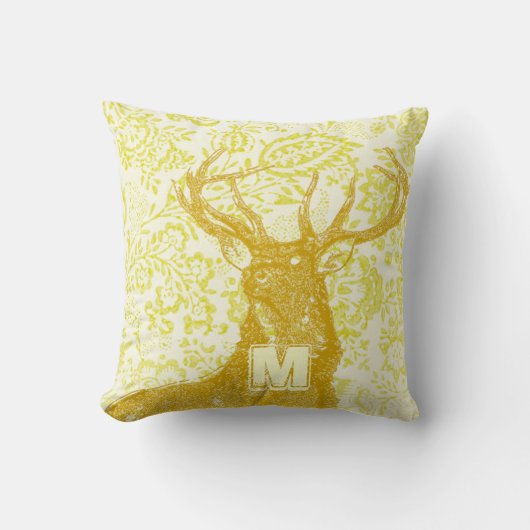 マスタードディアオンイエローヴィンテージフローラルパターン クッション (正面)
