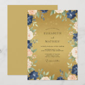 マスタードネイビーのペイントのツタの結婚式 招待状 (正面/裏面)