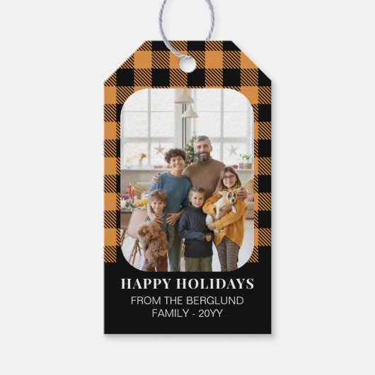 マスタードバッファローチェック写真ハッピーホリデー ギフトタグ (正面)