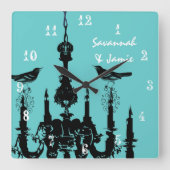 マスタードパーソナライズされたイエローシャンデリア鳥の時計 スクエア壁時計 (正面)