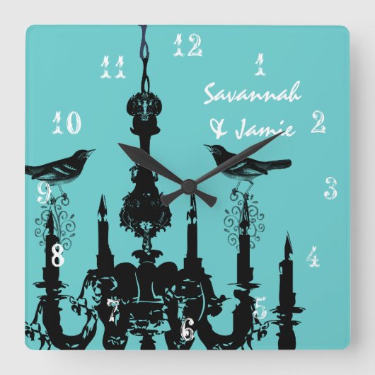 マスタードパーソナライズされたイエローシャンデリア鳥の時計 スクエア壁時計 (正面)