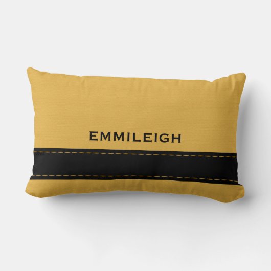 マスタードパーソナライズされたイエロージオメトリックブラックストライプ ランバークッション (裏面)
