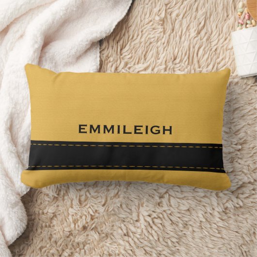 マスタードパーソナライズされたイエロージオメトリックブラックストライプ ランバークッション (ブランケット)