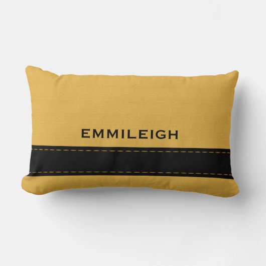 マスタードパーソナライズされたイエロージオメトリックブラックストライプ ランバークッション (正面)