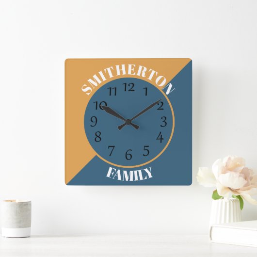マスタードパーソナライズされたイエローネイビーブルー スクエア壁時計 (ホーム)