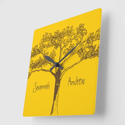 マスタードパーソナライズされたイエローヴィンテージツリークロック スクエア壁時計 (傾斜)