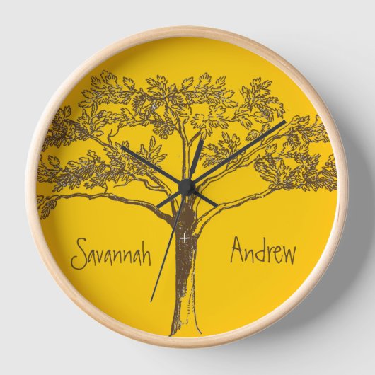 マスタードパーソナライズされたイエローヴィンテージツリークロック 壁時計 (正面)
