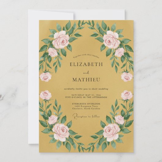 マスタードピンクの花びらの結婚式 招待状 (正面)